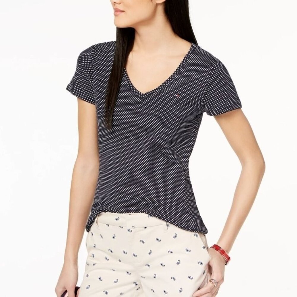 Tommy Hilfiger Womens V-Neck T-Shirt Size S Navy Polka Dots Short Sleeves Casual